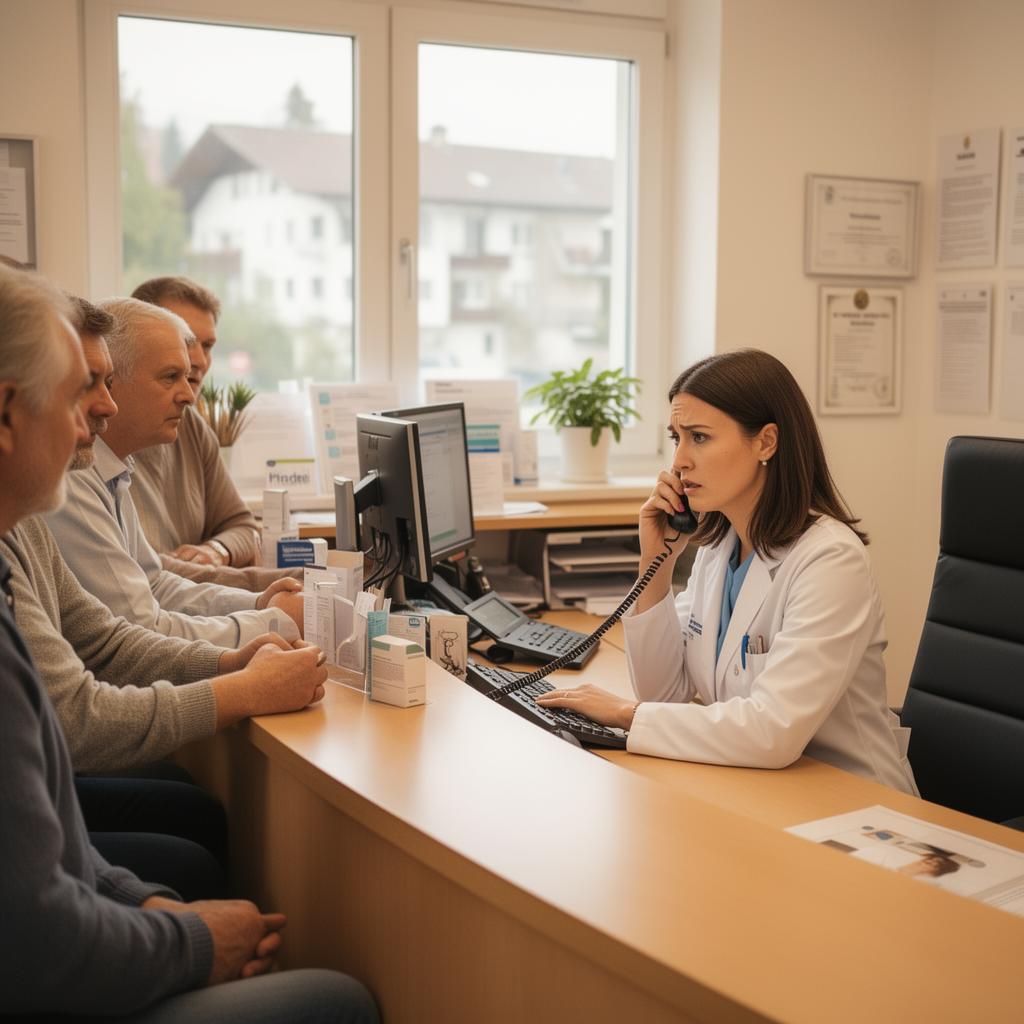 Gestresste Empfangskraft am Telefon mit wartenden Patienten