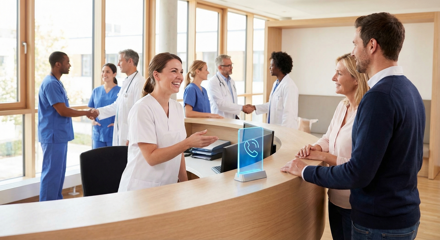 Zufriedenes Praxisteam mit KI-Telefonassistent – entspannte Atmosphäre, glückliche Patienten