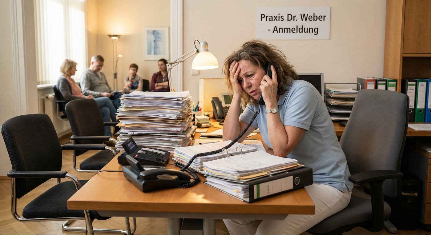 Überlasteter Empfang in einer Arztpraxis – leere Stühle neben gestresster MFA