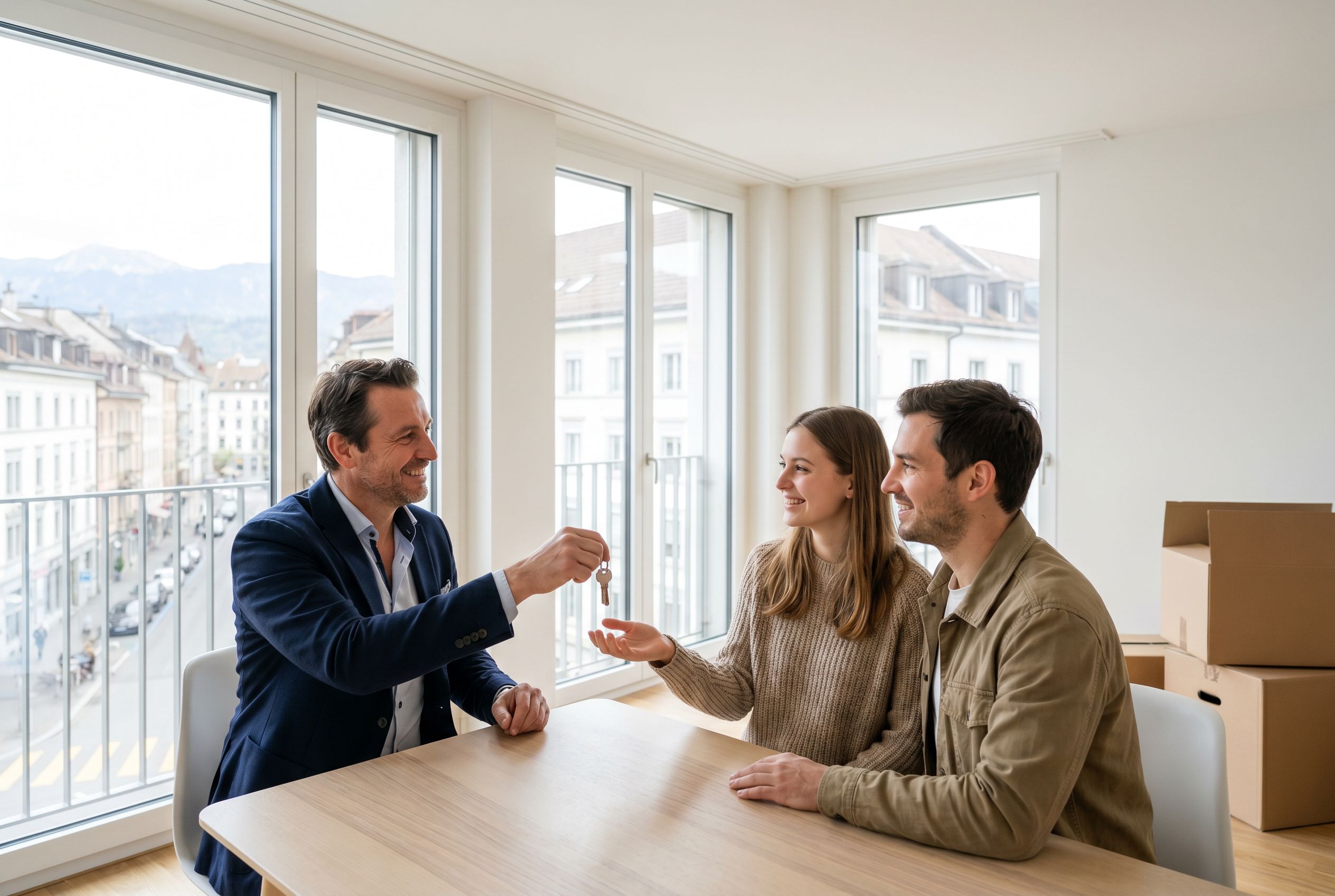 Immobilienmakler übergibt einem glücklichen Paar die Schlüssel zu ihrer neuen Wohnung