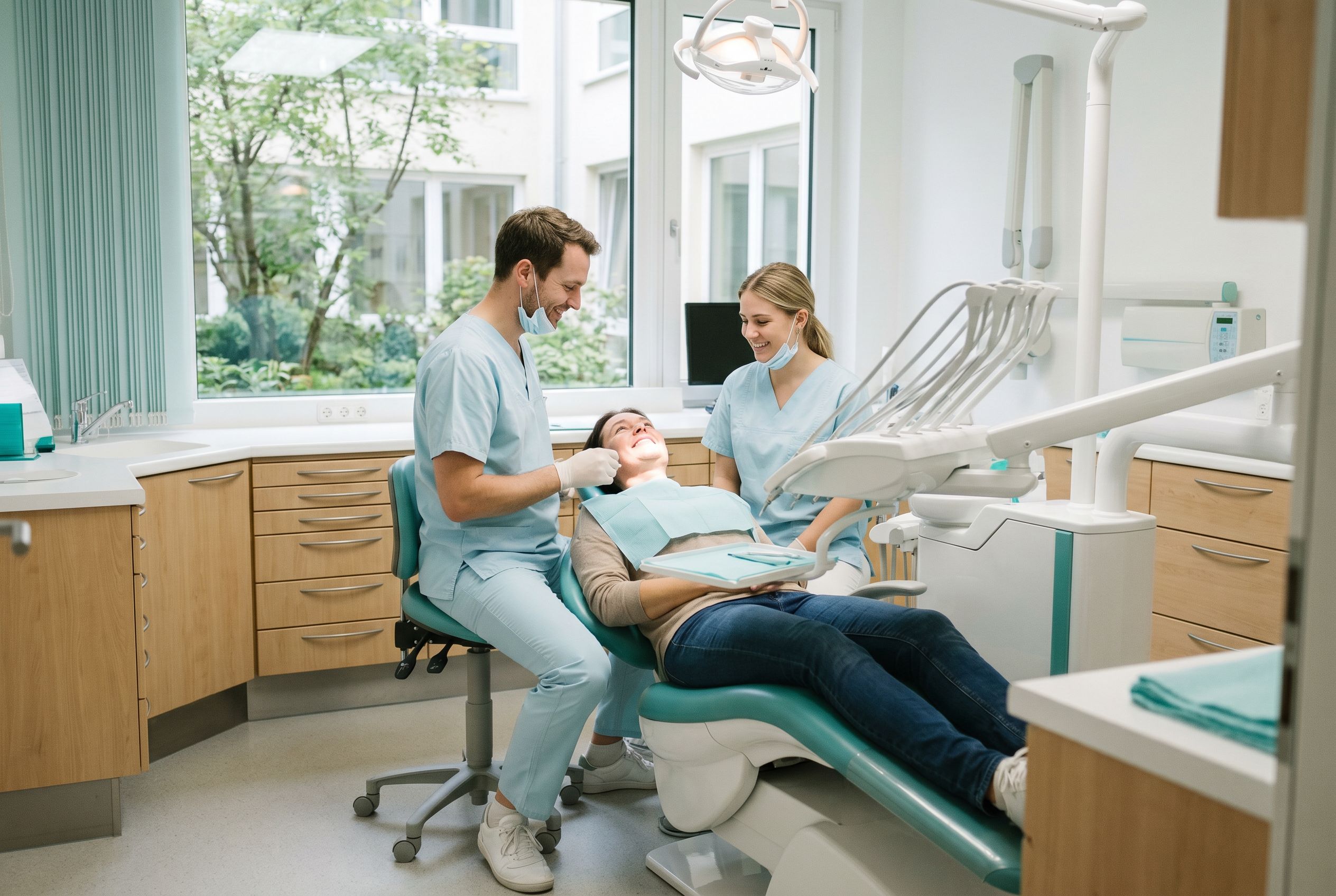 Zahnarzt und Assistentin behandeln entspannt einen Patienten in einer modernen Praxis