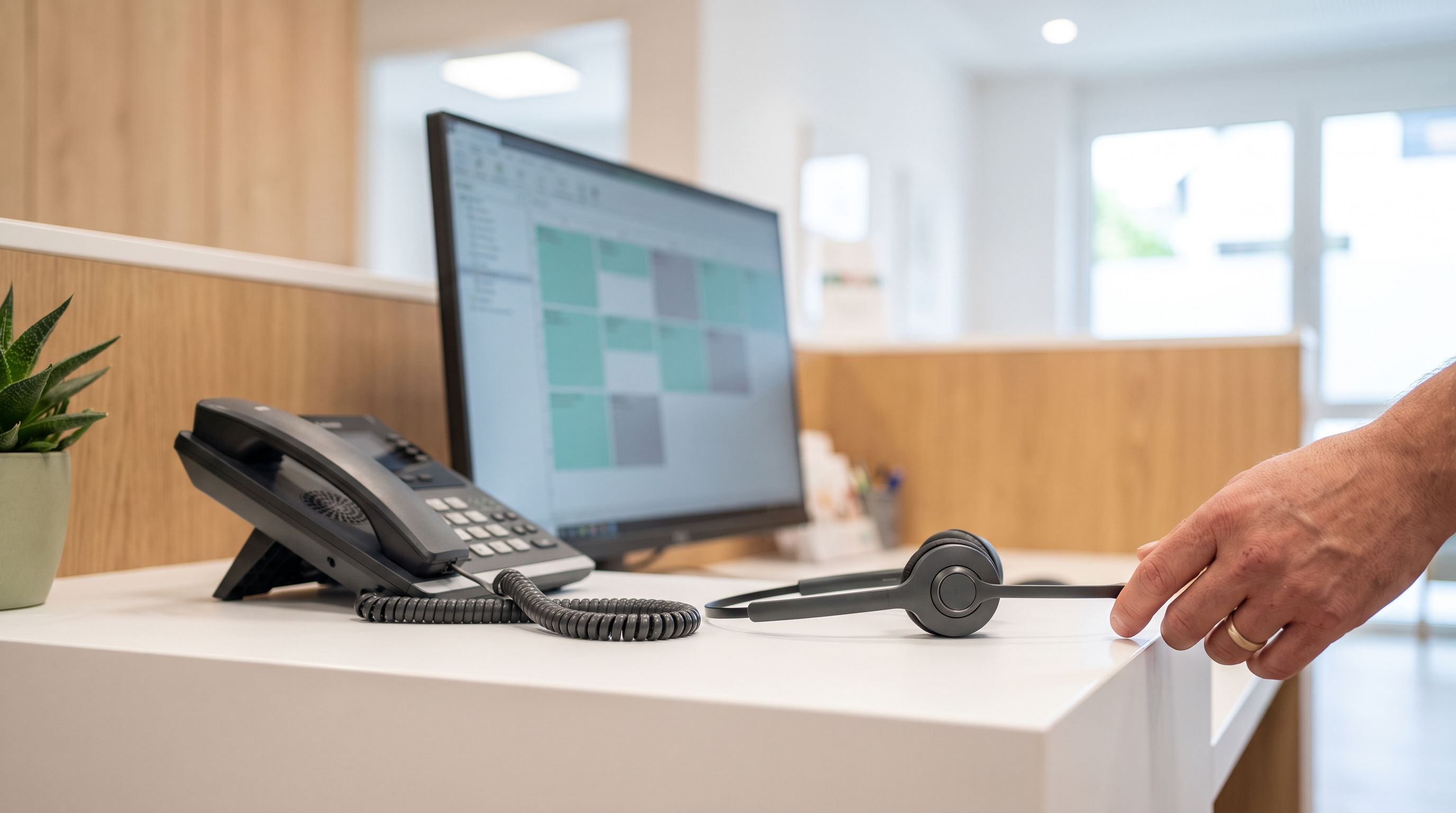Mostrador de una consulta con auriculares y una pantalla con la agenda