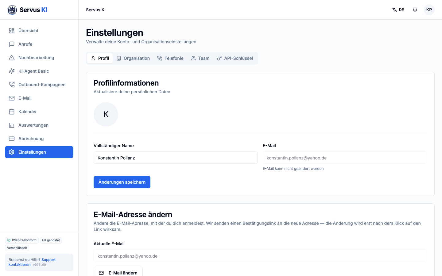Language settings of an agent in Servus KI.