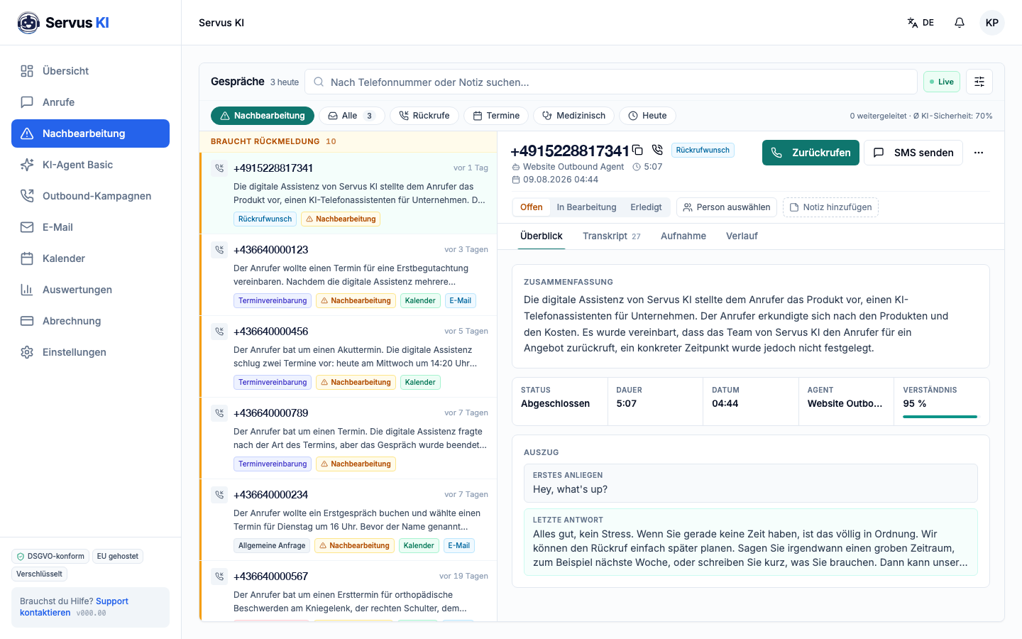 Call detail in Servus KI with summary, category, transcript and follow-up status.